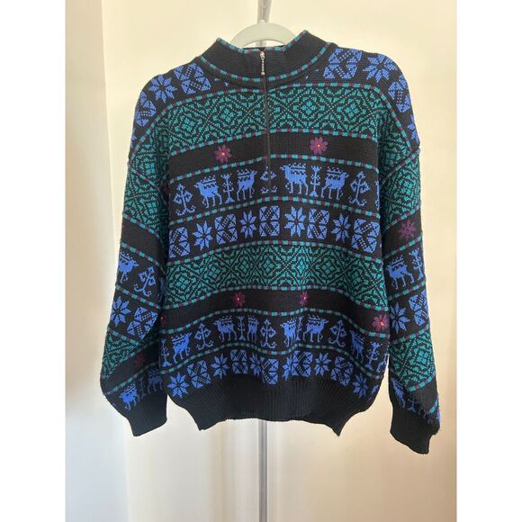 Demetre Sweaters - VTG Womens DEMETRE Wool Blend Ski Sweater Knit Pullover 1/4 Zip Large L Deer